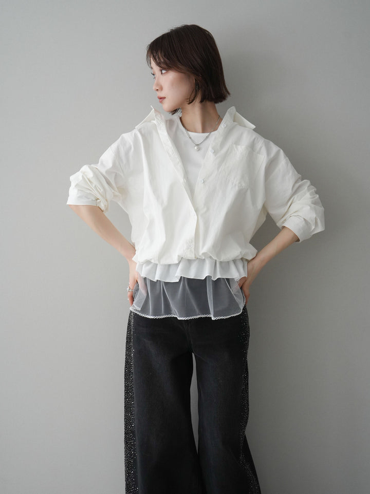 [予約]裾チュールノースリーブカットソー＆シャツドッキングトップス/white