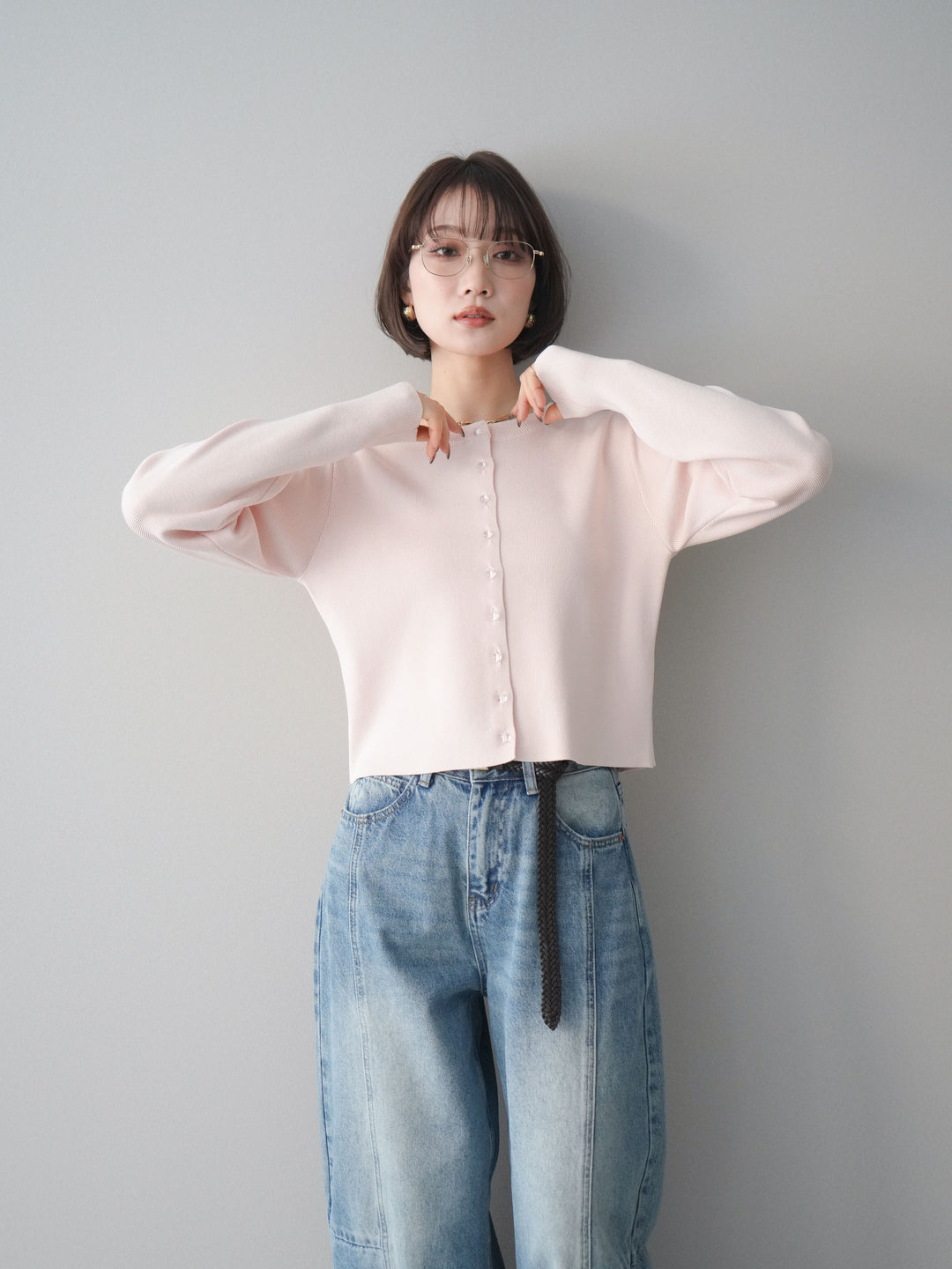 [予約]クリアボタンタックニットカーディガン/pink