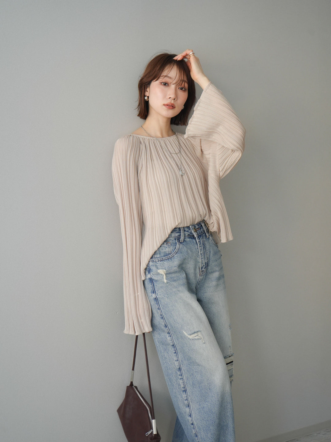 [予約]プリーツシアーフレアスリーブニットトップス/beige