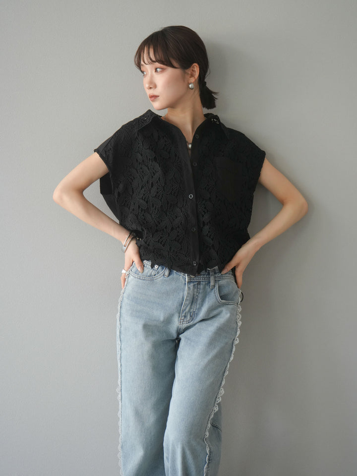 【預購】蕾絲分層抽繩襯衫/黑色