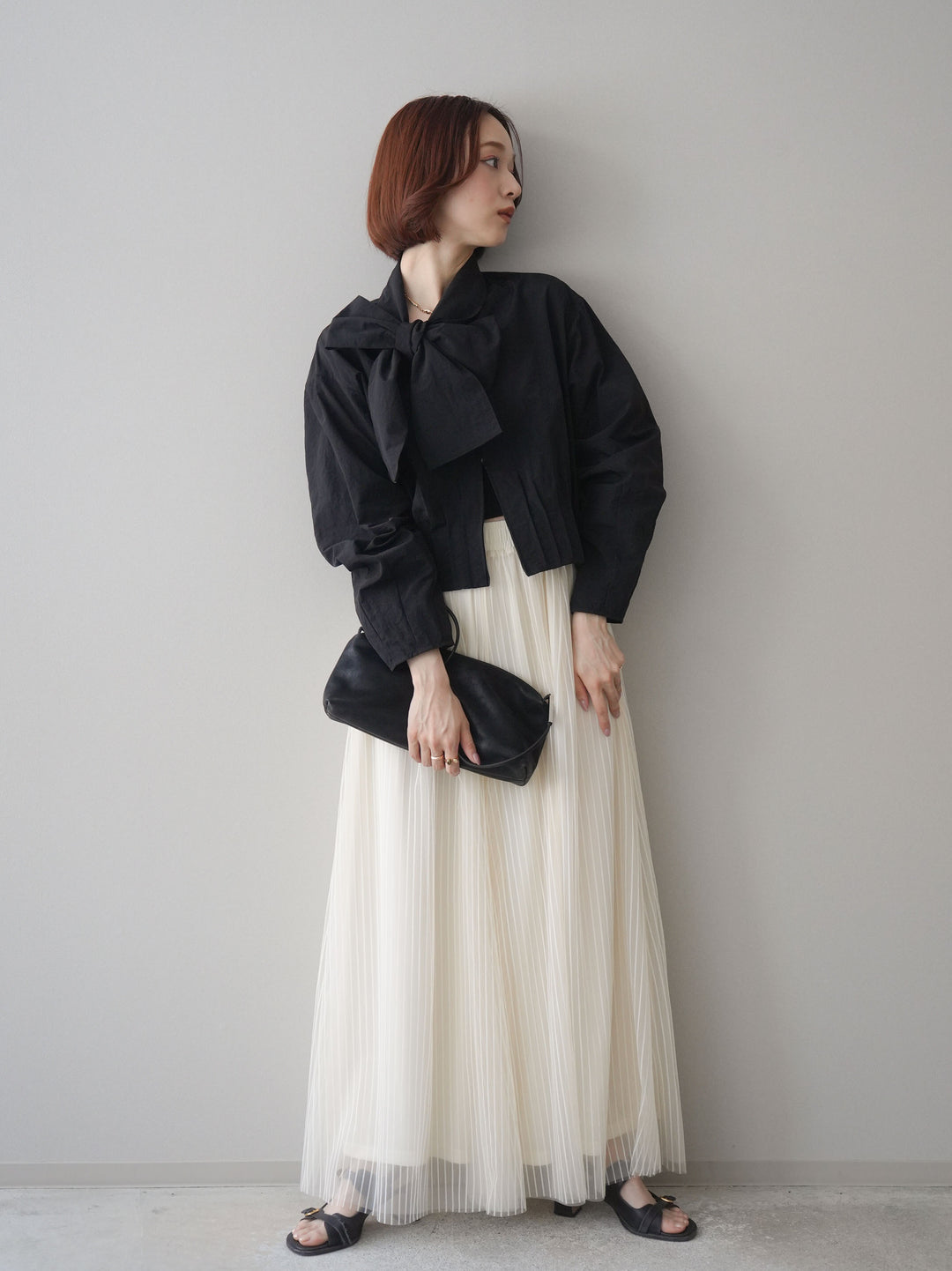 [SET]ボウタイ裾プリーツライトジャケット+ストライプチュールボリュームバギーパンツ(2set)
