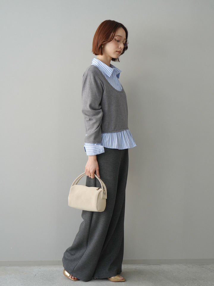 [SET]ストライプシャツUネックドッキングニットプルオーバー+イージーポンチワイドパンツ(2set)