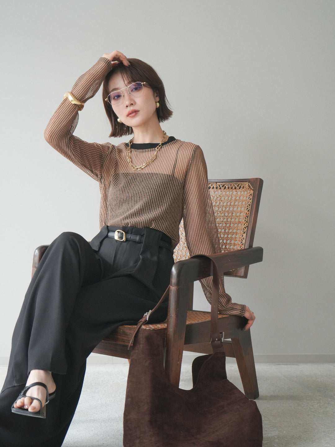 [SET]シアーストライプメッシュトップス+ドレープタックベルトループパンツ(2set)