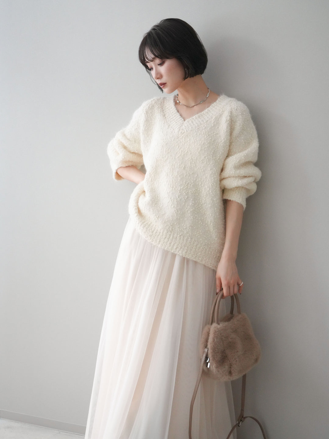 [SET]Vネックスラブニットプルオーバー+選べるアクセセット(2set)