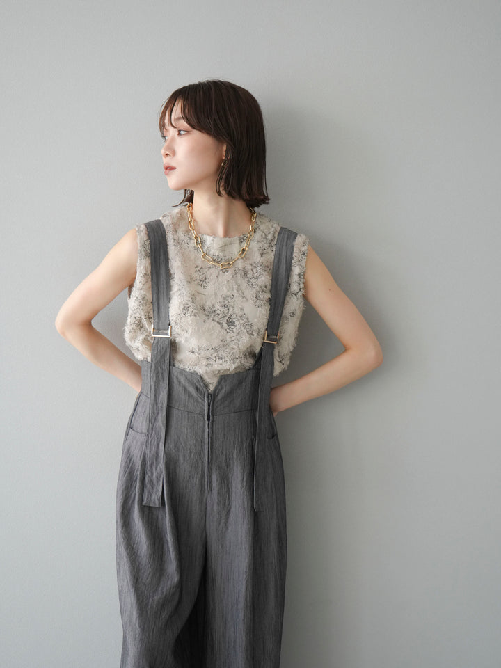 [SET]ストリングデザインハイウエストサロペット+ニュアンスフリンジジャガードノースリーブブラウス(2set)