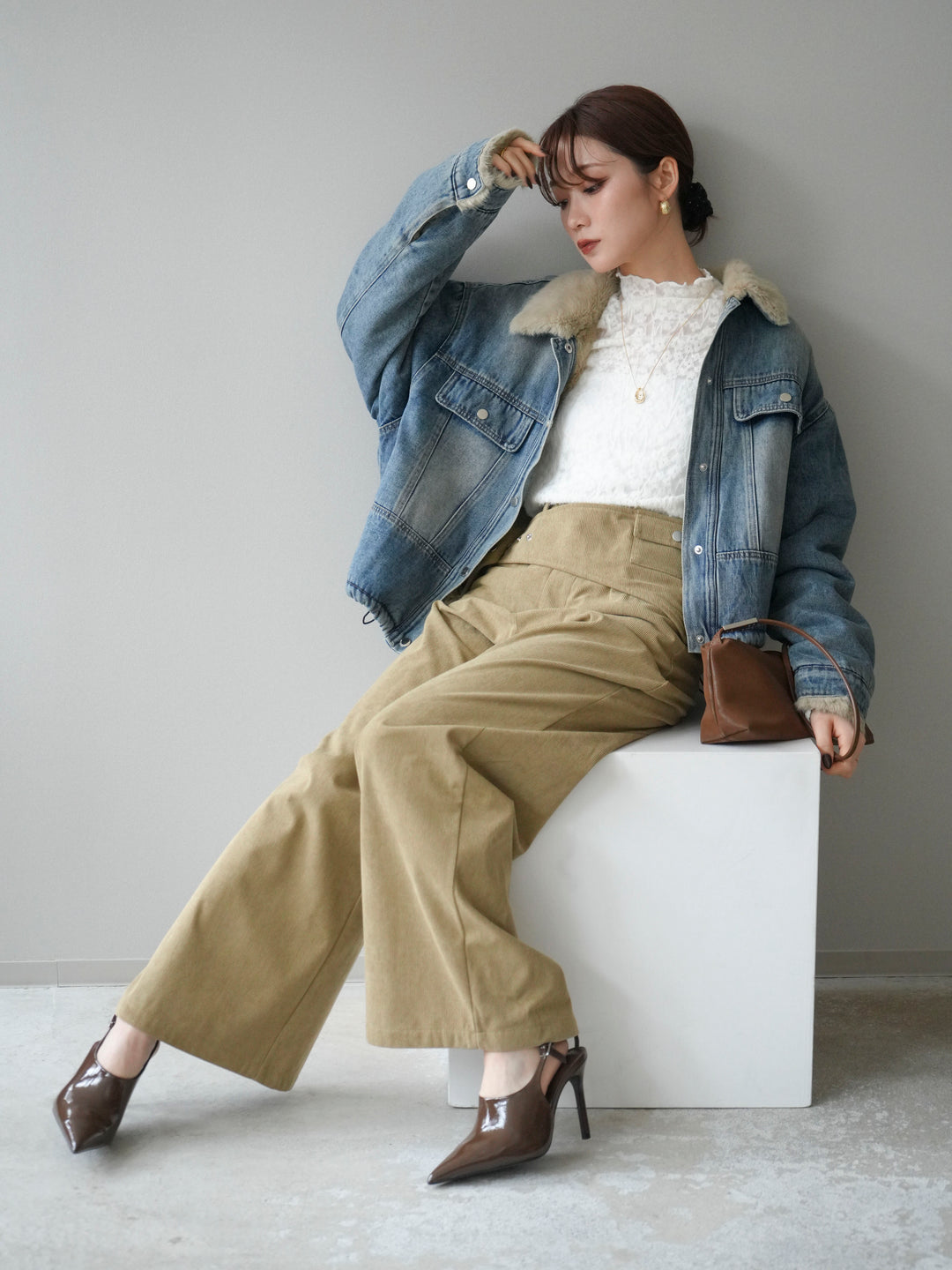 [予約]デニム×ファーステンカラーショートジャケット/lightblue