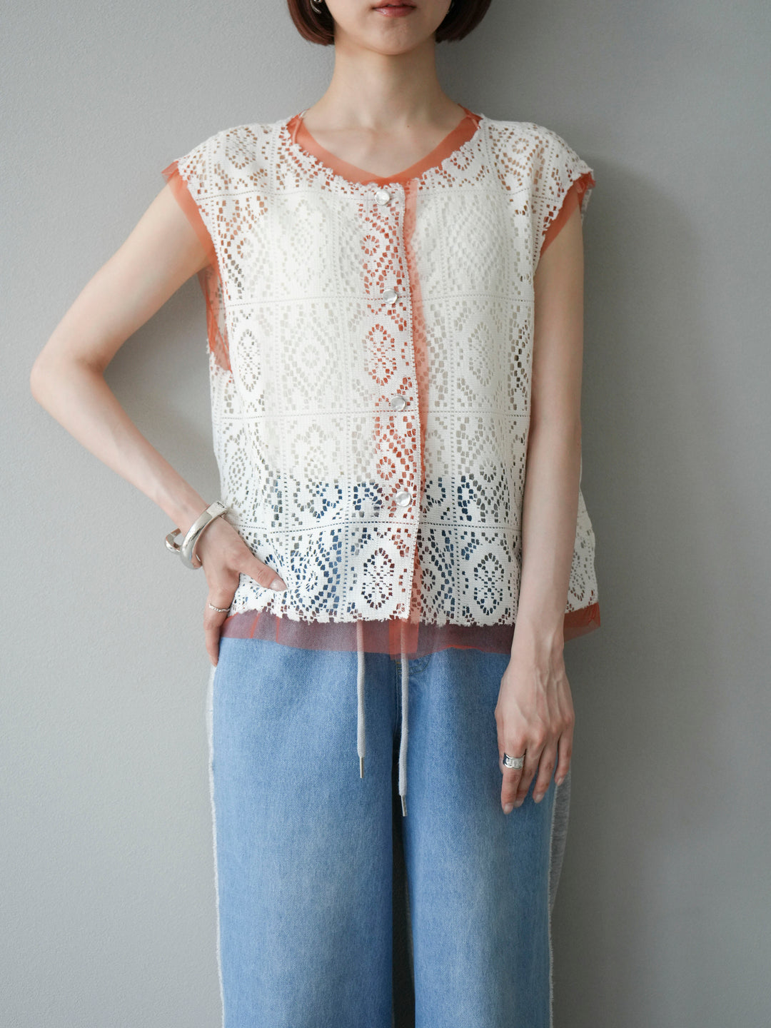 [予約]ブロックレースベスト/アイボリー