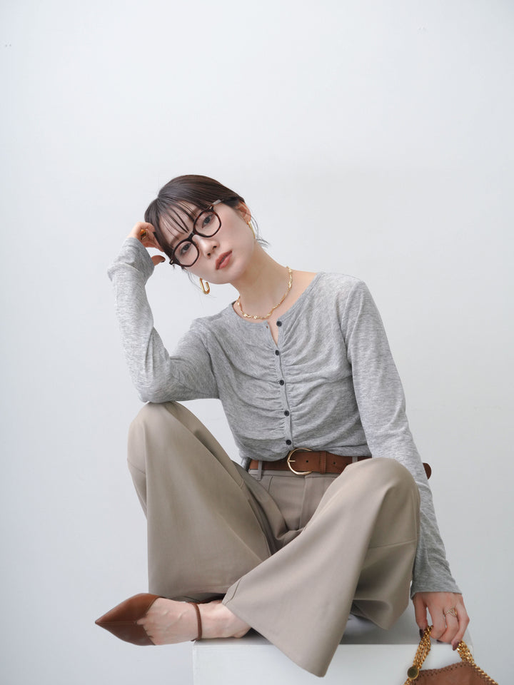 【套裝】透視羅紋針織褶皺開襟衫 + 斜紋束口寬腿褲（兩件套）