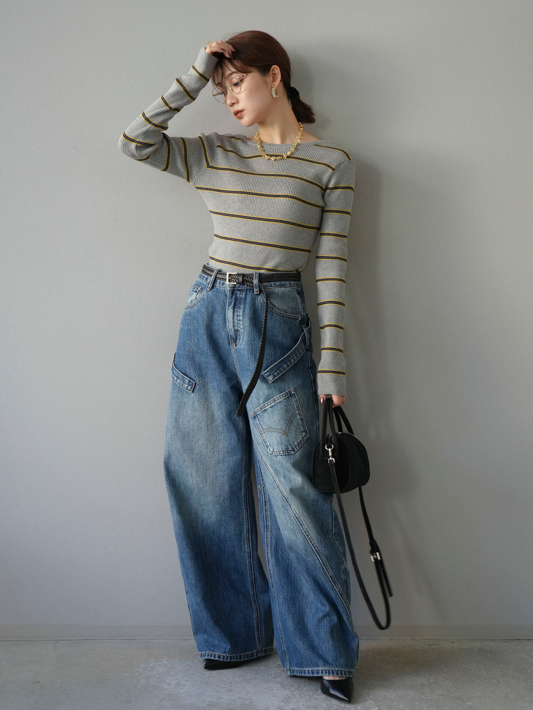 [予約]バックオープンボーダーテレコリブトップス/グレー