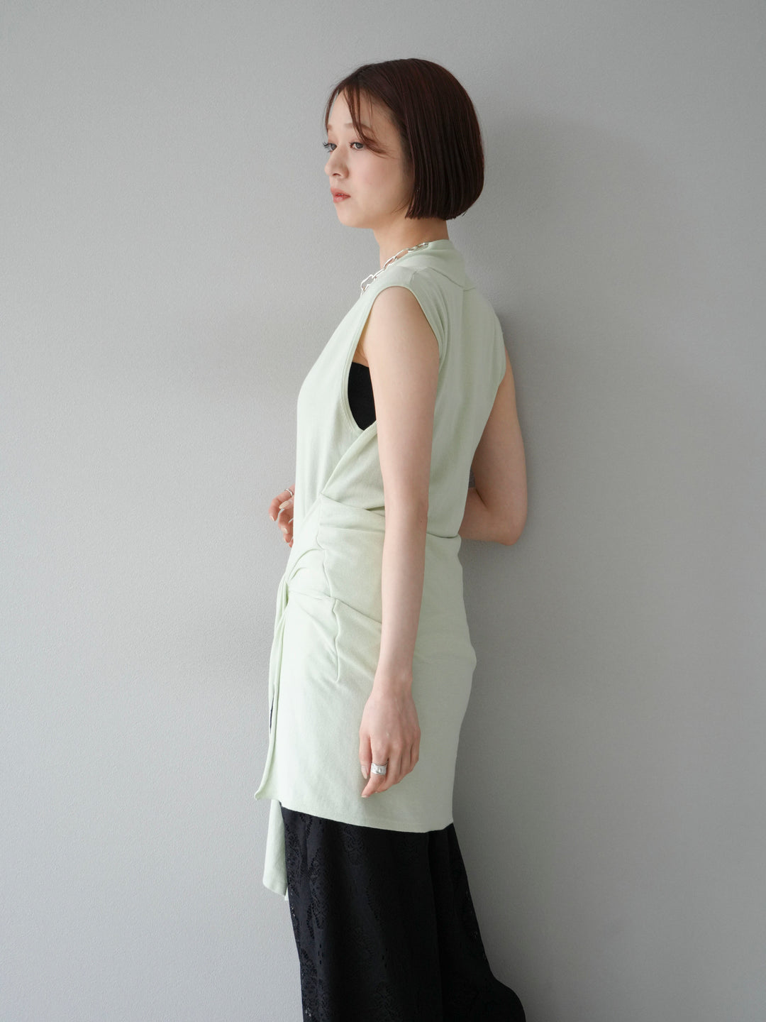 [SET]腰巻きデザインノースリーブニットカーディガン+レースタックイージーパンツ(2set)