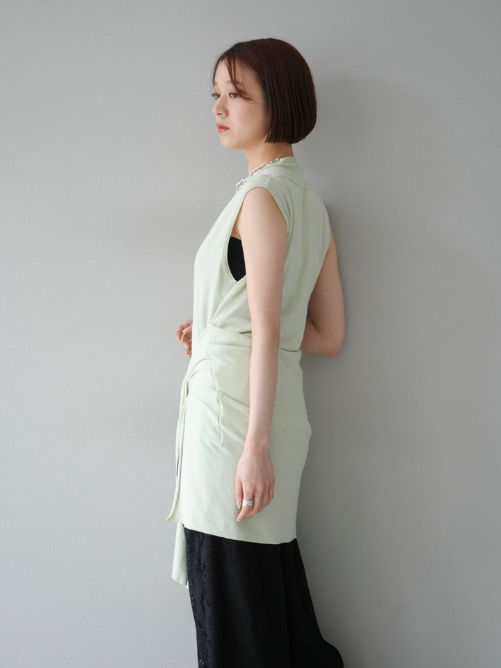 [SET]腰巻きデザインノースリーブニットカーディガン+レースタックイージーパンツ(2set)