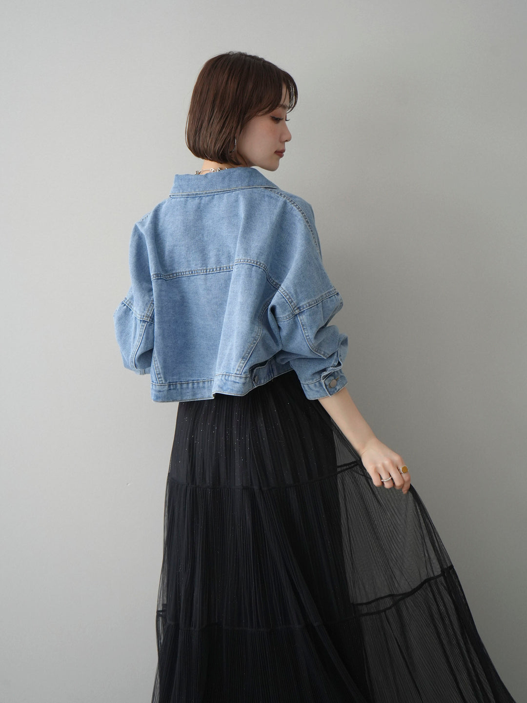 [SET]デニムショートシャツジャケット+ラメプリーツレイヤードチュールロングスカート(2set)
