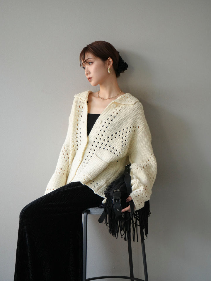 [予約]丸襟透かし編みニットカーディガン/オフ