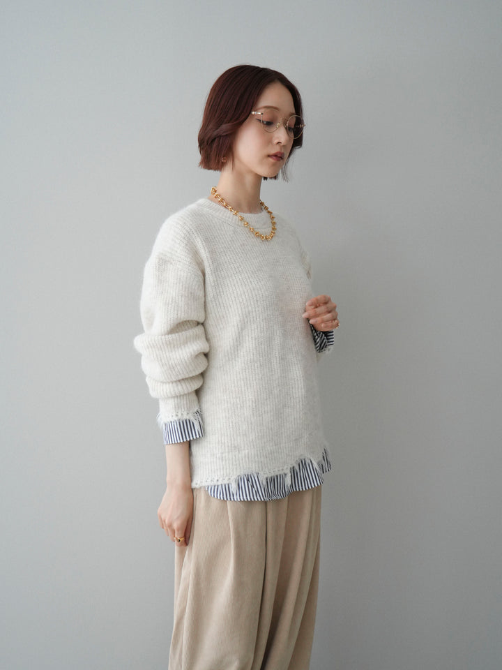 [SET]裾シャツレイヤードダメージニットプルオーバー+コーデュロイサイドタックコクーンパンツ(2set)