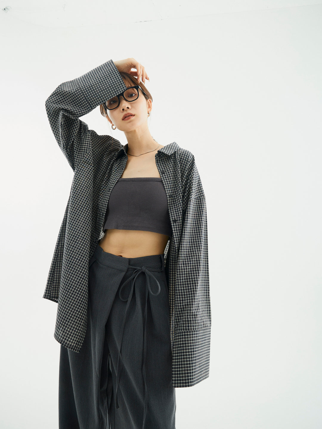 【Allure】[SET]チェックBIGカフスオーバーシャツ+ラップデザインタックワイドパンツ(2set)