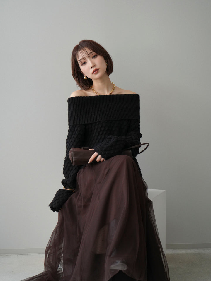 [SET]ポコポコ編みオフショルニットプルオーバー+選べるアクセセット(2set)