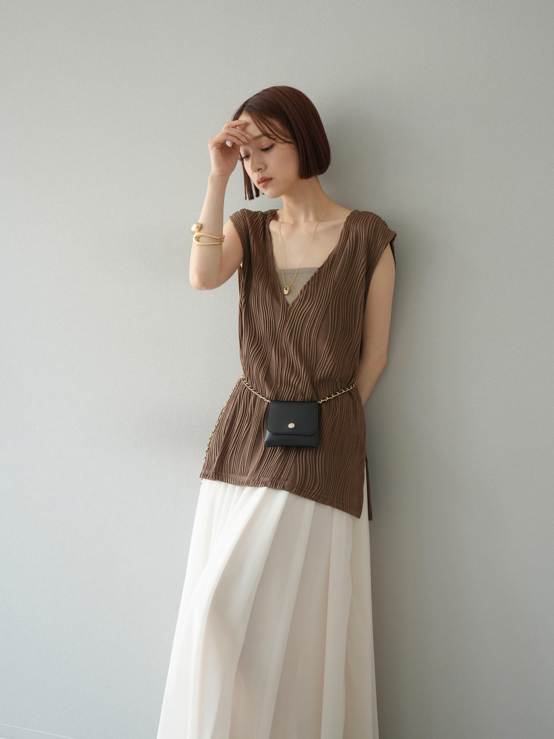 [SET]ウェーブパイピングVネックベスト+シフォンフレアスカート(2set)