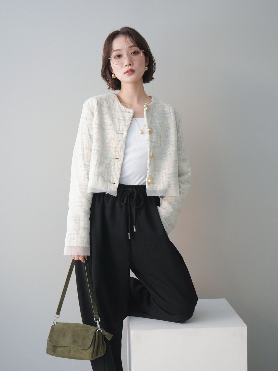 [SET]チュールレイヤードツイードクロップドジャケット+裾ZIPスエットワイドパンツ(2set)