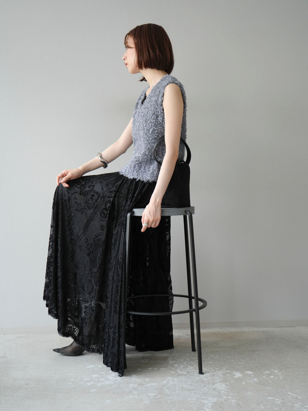 [SET]テープヤーンフリンジニットベスト+アンティーク柄フロッキーマキシスカート(2set)