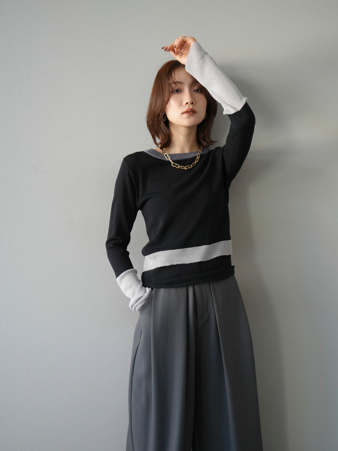 [予約]異素材配色デザインニットトップス/ブラック