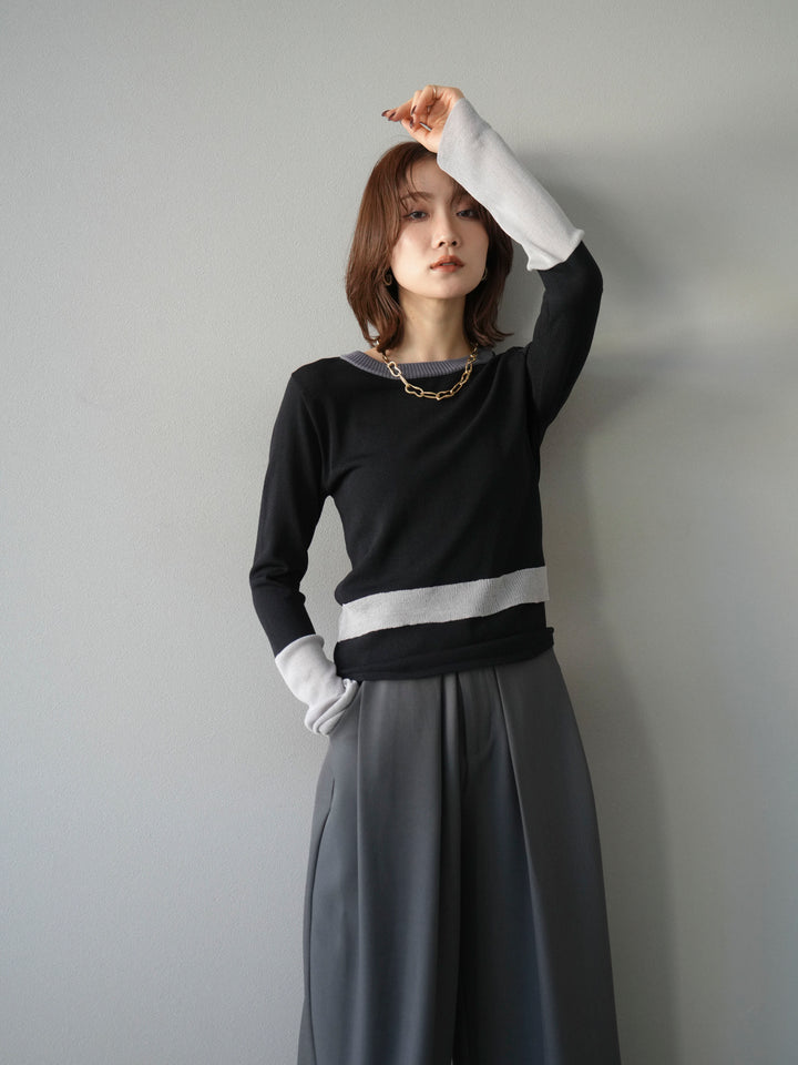 [予約]異素材配色デザインニットトップス/ブラック