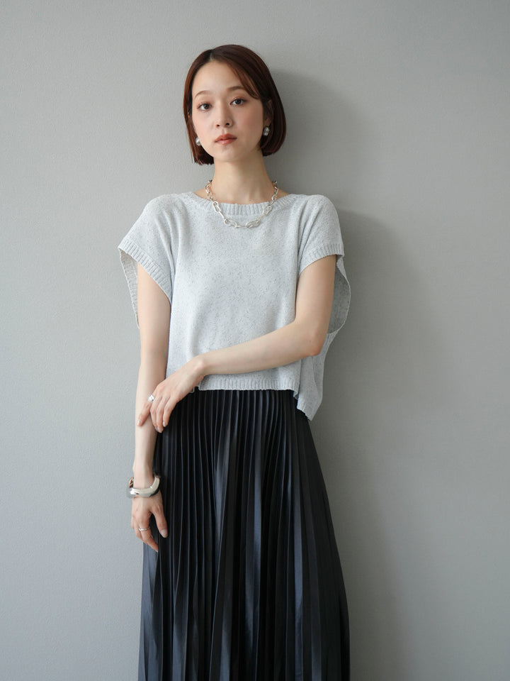 [SET]ネップヤーンクロップドニットベスト+サテンプリーツマキシスカート(2set)