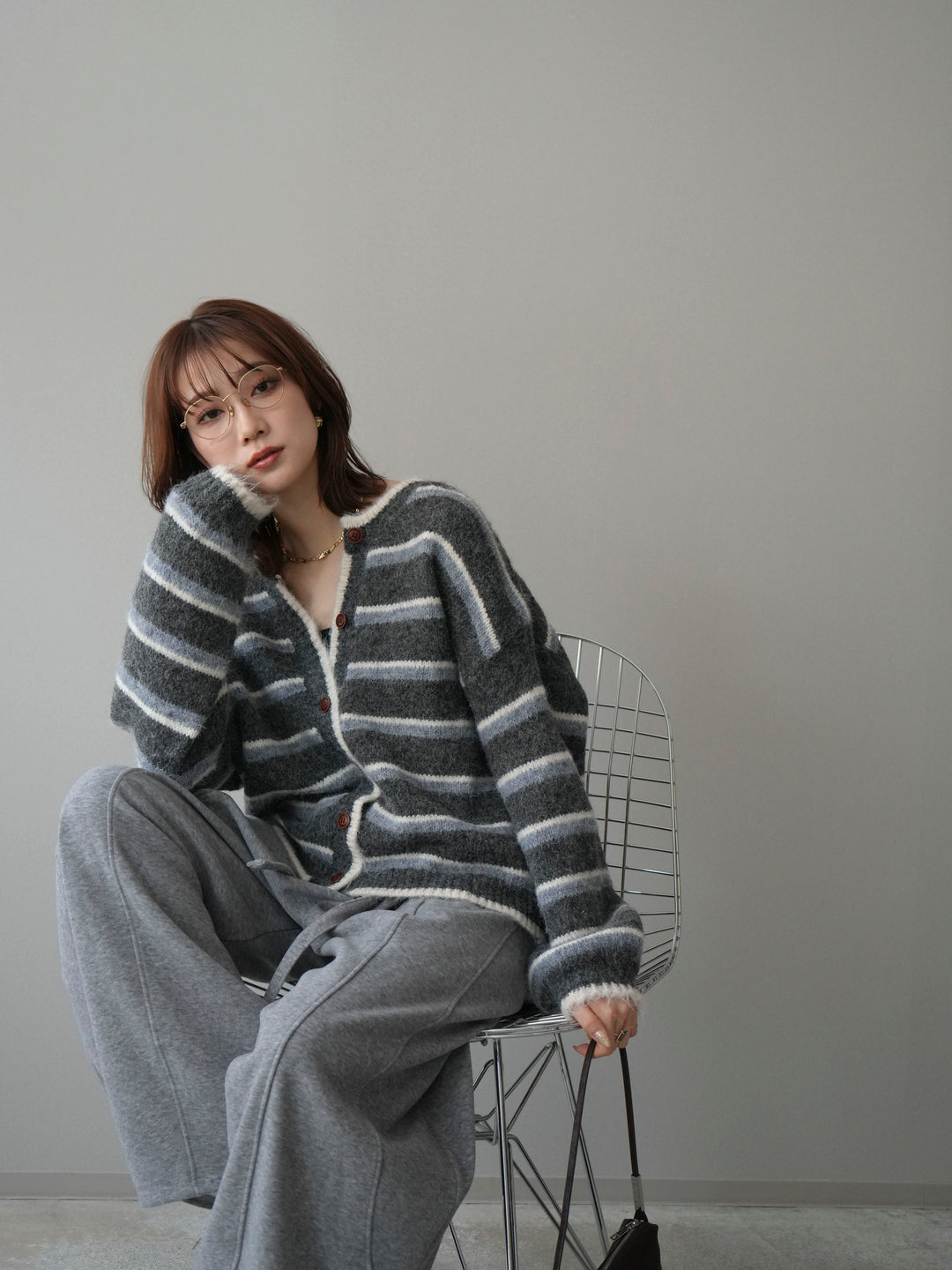 [SET]ウールタッチ配色ボーダーニットカーディガン+ウエストベルトカーブラインスエットパンツ(2set)