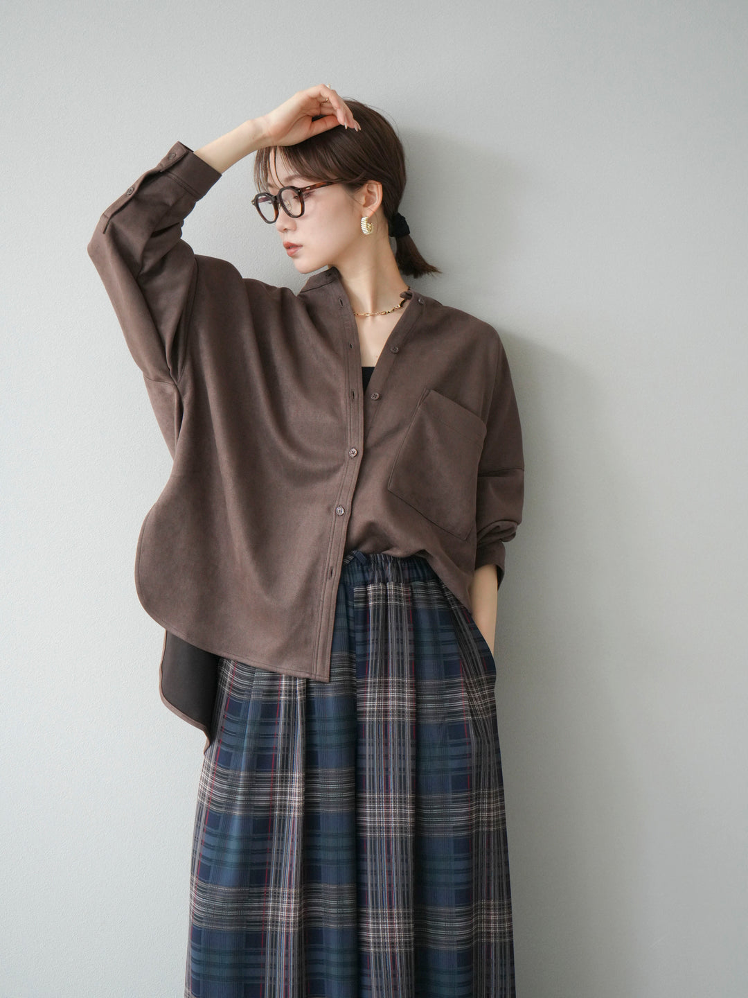 [SET]スエードバンドカラーオーバーシャツ+シアーチェックバギーパンツ(2set)