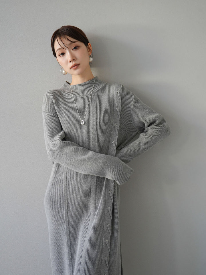 [SET] 不對稱繫帶高領針織連身裙 + 可選飾品套裝 (2套)