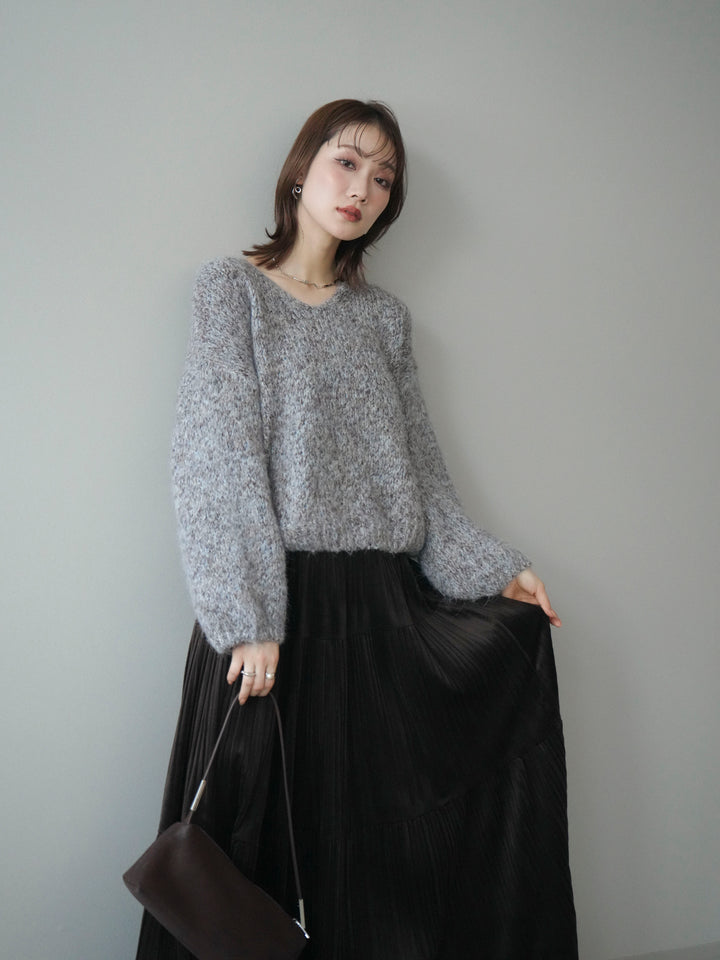 [SET]Vネックミックスヤーンニットプルオーバー+ベロアティアードワッシャースカート(2set)