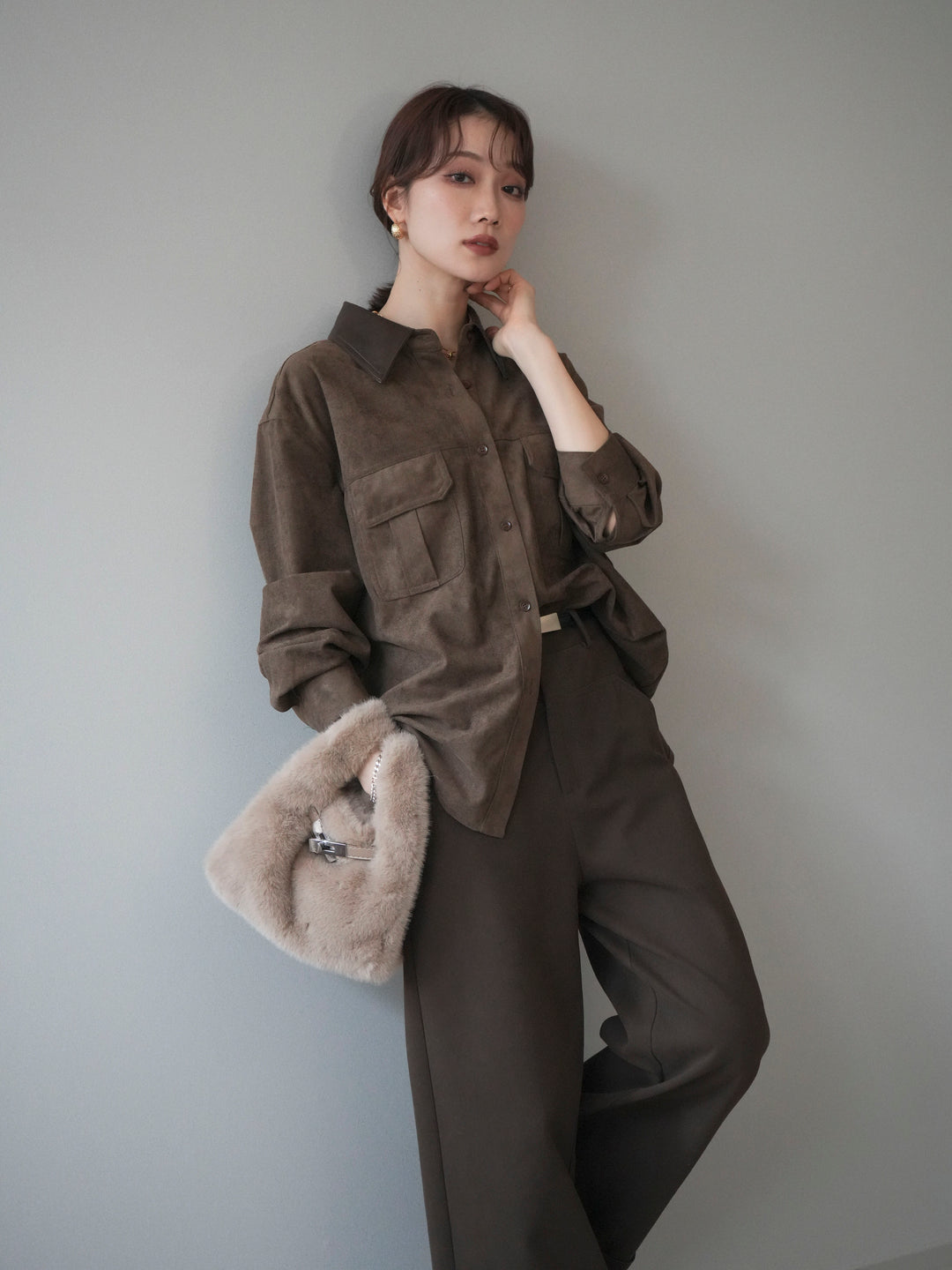 [予約]レザー襟スエードシャツ/khaki