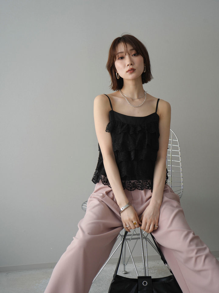 [SET]スカラップレースフリルキャミソール+ベルト付キーホルダーモチーフワイドパンツ(2set)