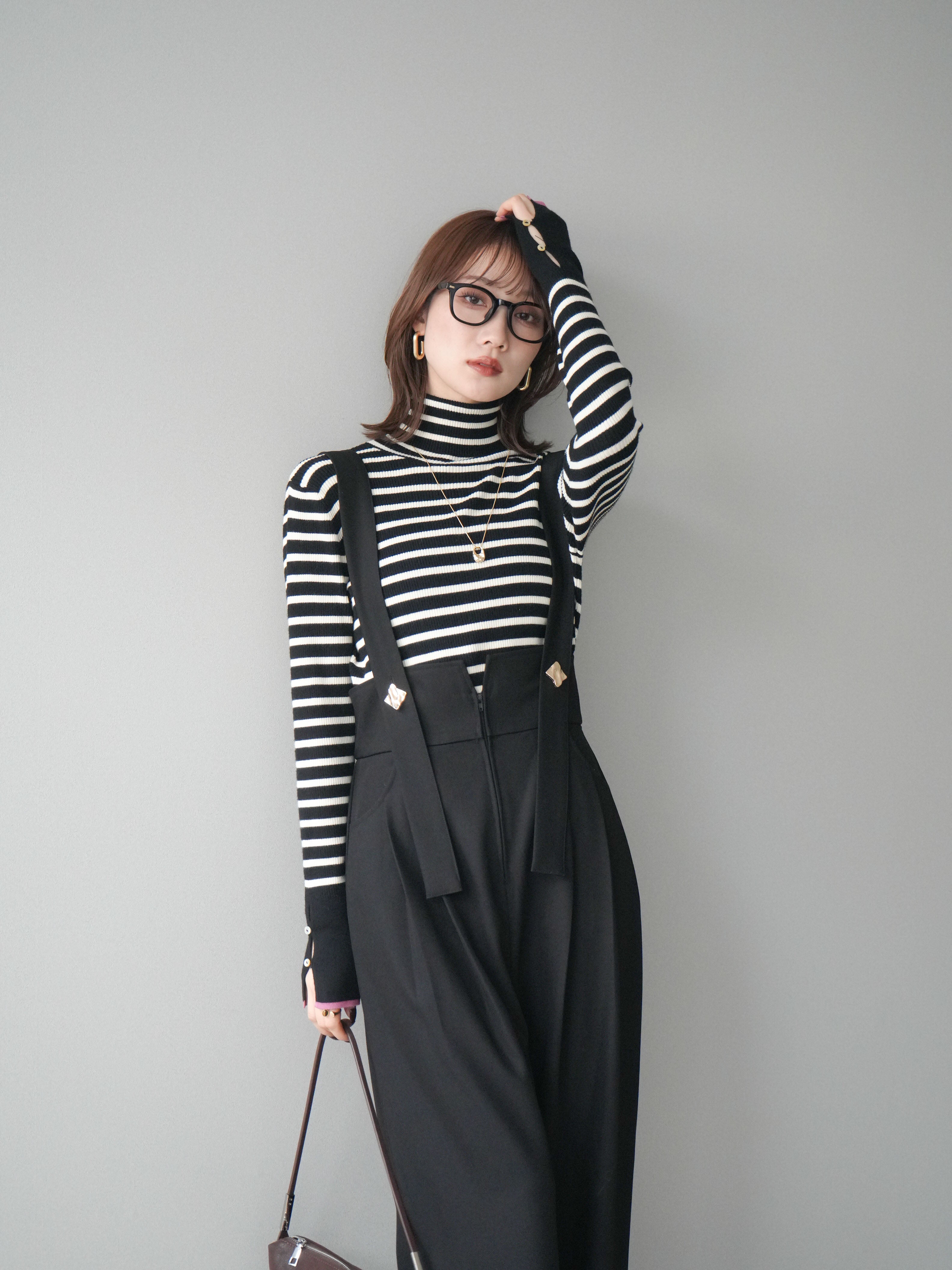 予約]袖配色ハイネックボーダーリブニットトップス/blackborderpink