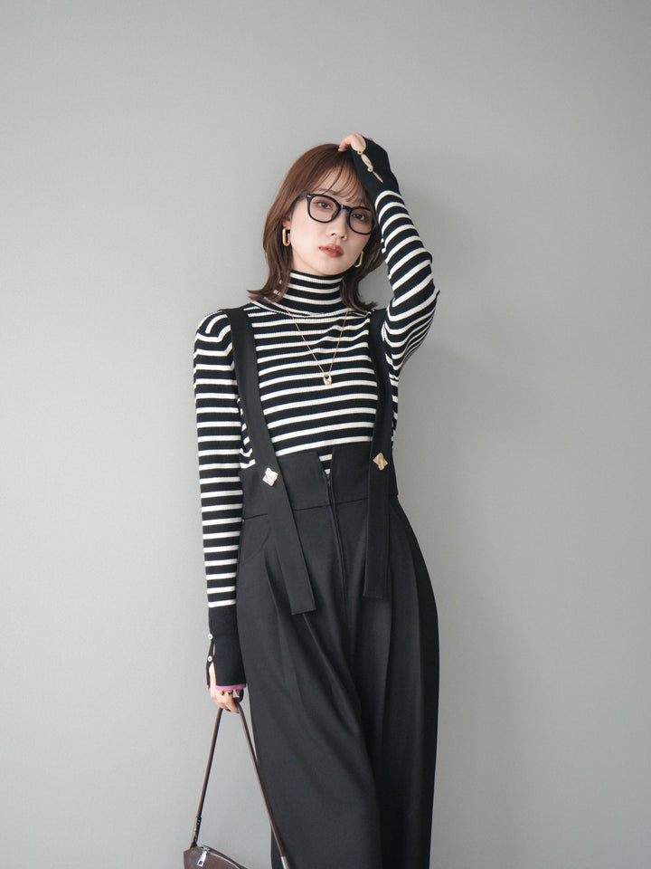 [予約]袖配色ハイネックボーダーリブニットトップス/blackborderpink