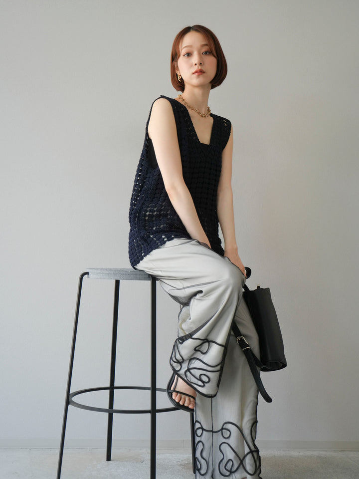 [予約]レースアップクロシェ編みニットベスト/ネイビー