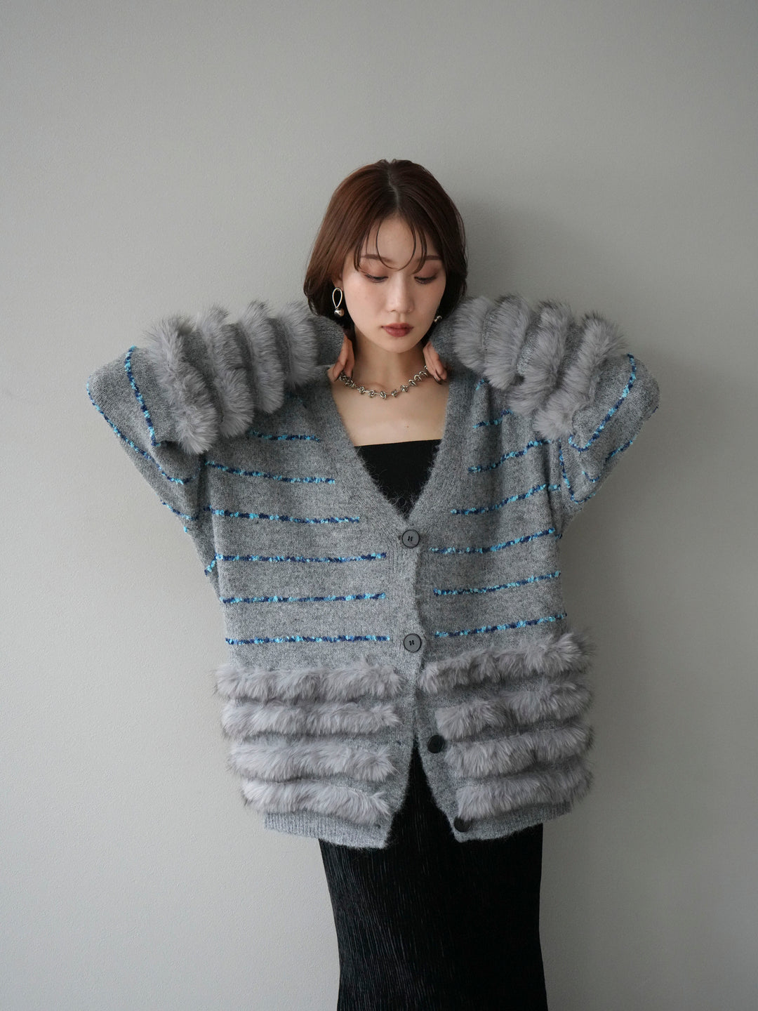 [予約]フェザーライン配色シャギーニットカーディガン/グレー