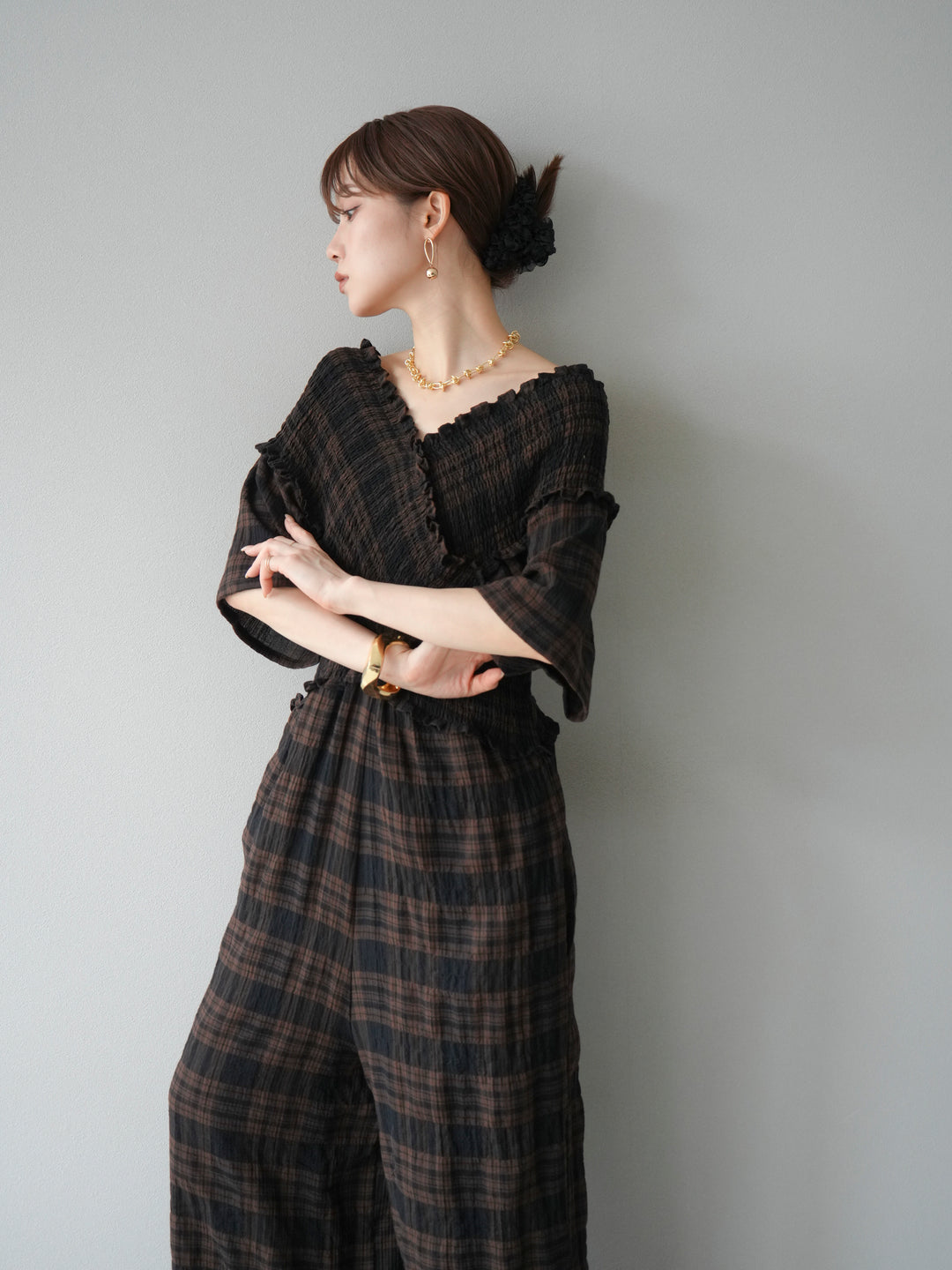 [予約]チェック柄ハーフスリーブシャーリングクロスサロペット/ブラウン