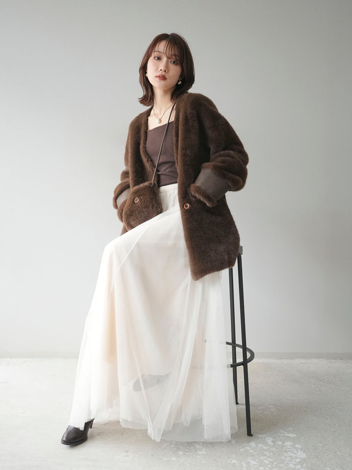 [SET]バッグ付エコファーノーカラーコート+チュールボリュームスカート(2set)