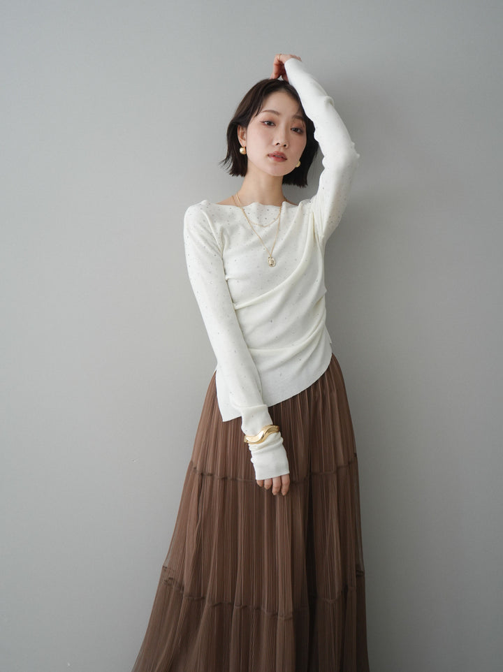 [予約]ラインストーンアシンメトリーニットトップス/ivory