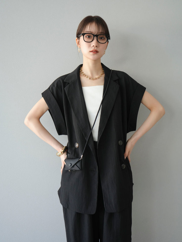 [套裝] 亞麻風格無袖雙背心 + 雙肩帶剪裁羅紋胸罩吊帶背心（2 件套）