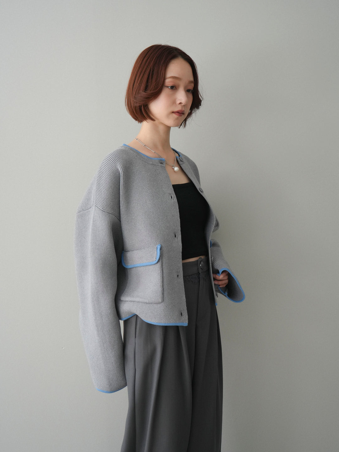 [SET]ポリエステル配色ニットカーディガン+ウエストレースタックワイドパンツ(2set)