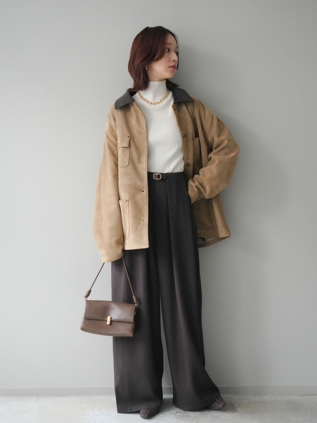 [SET]襟レザーステンカラースエードジャケット+袖ボタンボトルネックリブニットトップス+ベルトループデザインワイドパンツ(3set)
