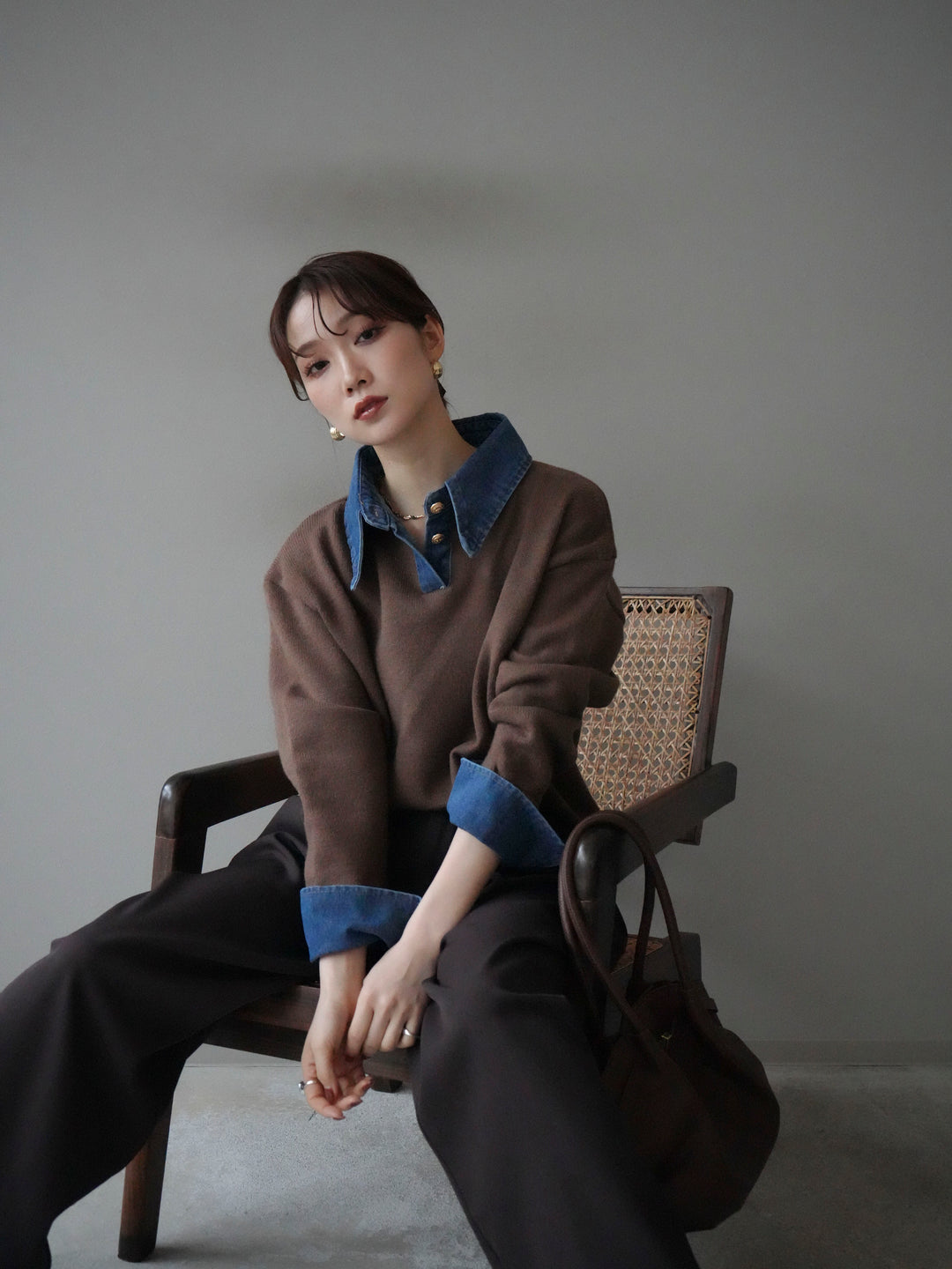 [SET]デニム襟ポロニットプルオーバー+デニム襟ポロニットプルオーバー(2set)