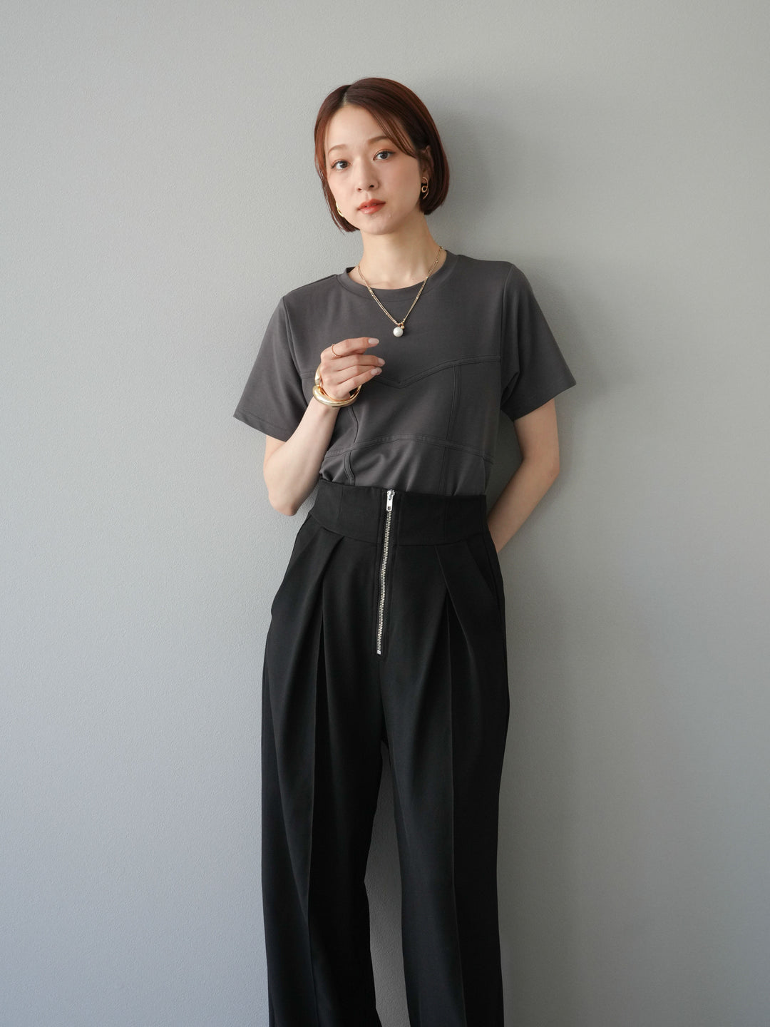 [SET]ビスチェデザインTシャツ+ジップタックワイドパンツ(2set)