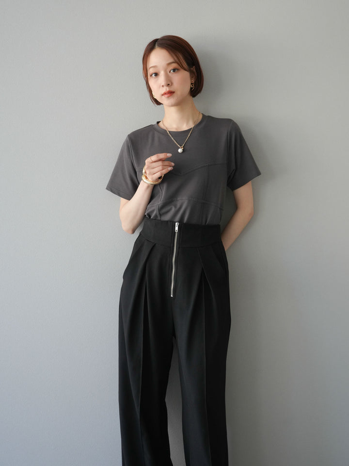 [SET]ビスチェデザインTシャツ+ジップタックワイドパンツ(2set)