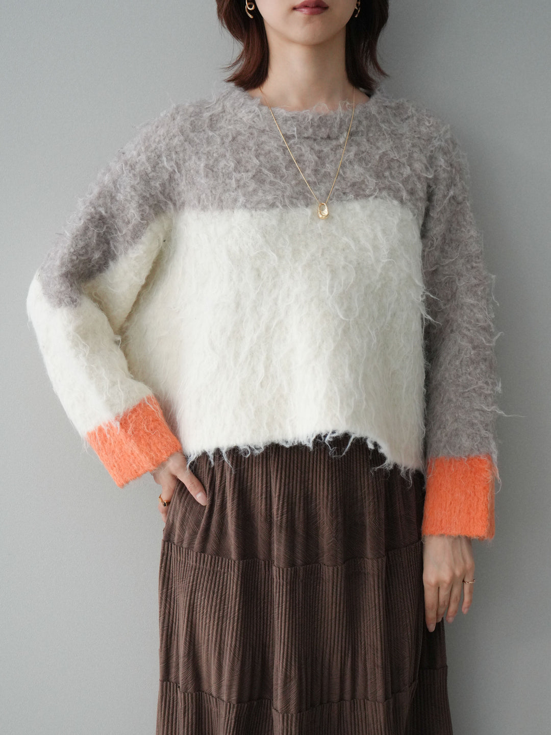 [SET]バイカラーモヘアタッチニットプルオーバー+型押しスエードティアードプリーツスカート(2set)