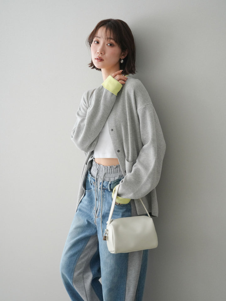 [SET]バイカラーオーバーニットカーディガン+デニム切替スウェットパンツ(2set)