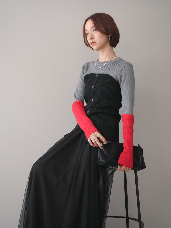 [SET]配色ビスチェドッキングリブニットトップス+選べるアクセセット(2set)