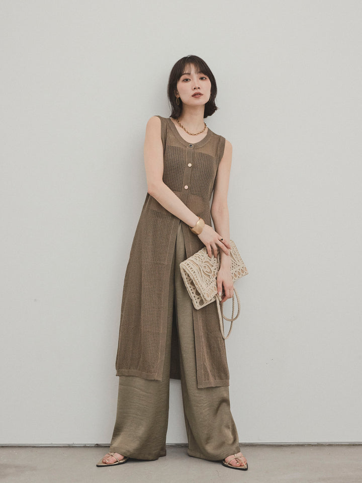 [SET]アソートボタンニットロングジレ+サテンイージーパンツ(2set)