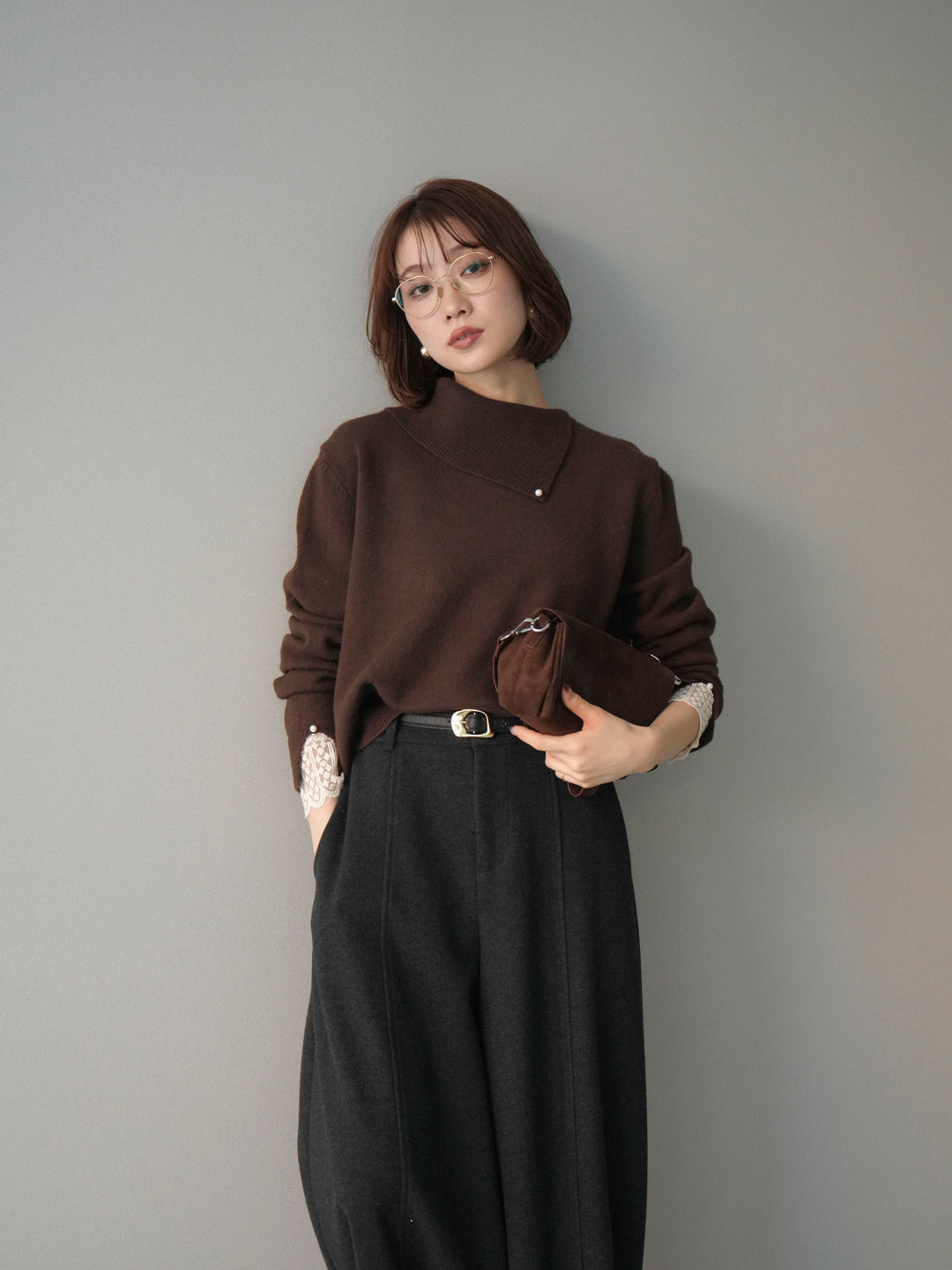 [SET]袖レースパール付き配色ニットトップス+ウールタッチカーブパンツ(2set)